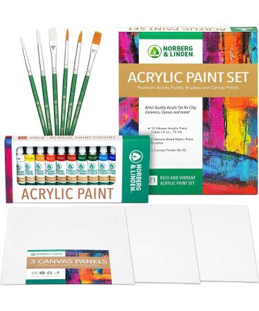 Norberg & Linden Acrylic Paint Set -12 Acrylic Paints  6 Paint Brushes for Acrylic Painting  3 Painting Canvas Panels - Premium Art Supplies for Adults Canvas Painting MD