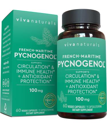 Pycnogenol 100mg from French Maritime Pine Bark Extract - Healthy Blood Circulation Supplements, Powerful Antioxidant Protection, Joint Support and Immune Support (60 Veggie Capsules) 60 Count (Pack of 1)