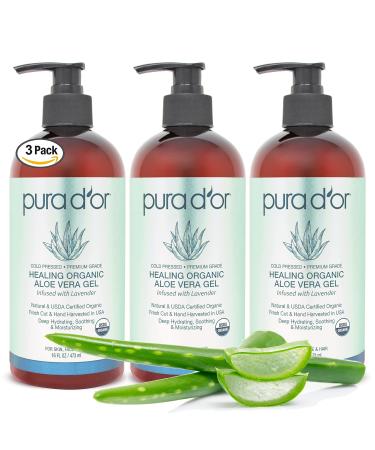 PURA D'OR Organic Aloe Vera Gel Lavender (16oz 3-PACK) All Natural - ZERO Artificial Preservatives - Deeply Hydrating & Moisturizing - Sunburn, Bug Bites, Rashes, Small Cuts, Eczema Relief - Skin Hair 16 Fl Oz (Pack of 3)