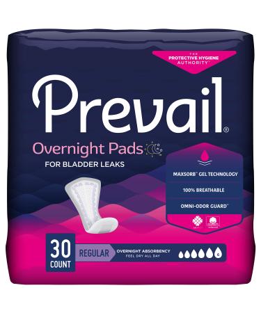 Prevail Incontinence Bladder Control Pads for Women, Overnight Absorbency, Regular Length, 30 count 30 Count (Pack of 1)