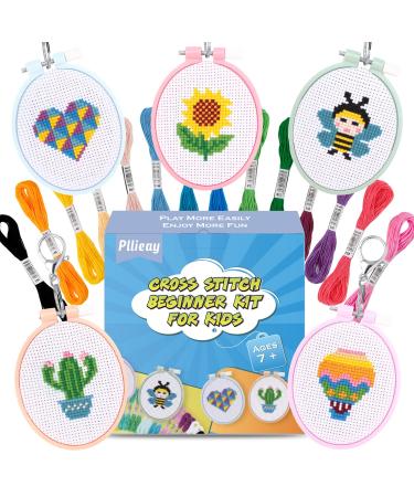 Pllieay 5PCS Cross Stitch Kits for Beginners for Kids 7-13, Includes 5  Project Patterned and 5pcs Square Embroidery Hoops, 11 Skeins, Needle Point