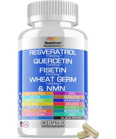 Resveratrol 1000mg Fisetin 2500mg Quercetin 1000mg Spermidine Wheat Germ 1000mg Supplement with NMN, Collagen, Glutathione, Berberine, NAD, Rhodiola, AKG, Apigenin, Graviola I3C Turmeric - Made in USA
