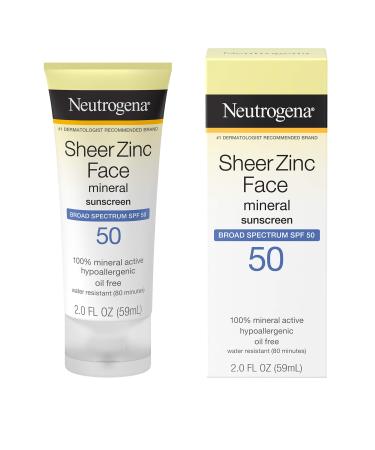 Neutrogena Sheer Zinc Oxide Dry-Touch Mineral Face Sunscreen Lotion with Broad Spectrum SPF 50, Oil-Free, Non-Comedogenic & Non-Greasy Zinc Oxide Facial Sunscreen, Hypoallergenic, 2 fl. oz 2 Fl Oz (Pack of 1)