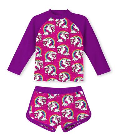 TUONROAD Girls Swimming Costume Toddler Baby Kids Two Piece Long Sleeve Swimsuit UPF 50+ Protection Bathing Suit Swim Set for 4-10 Years 5-6 Years Purple Unicorn