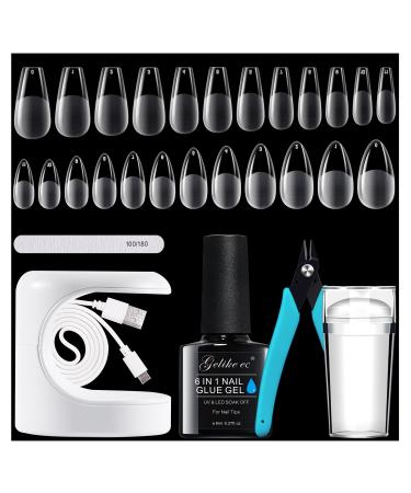 Gel Nail Extension Kit - Nail Tips and Glue Gel Kit for Acrylic Extension 6 in 1 Gel Nail Glue Nail Stamp 240PCS Soft Almond & Coffin Full Cover Gel X Nail Tips DIY Manicure with Portable UV Light Stamp-Almond & Coffin-240pcs