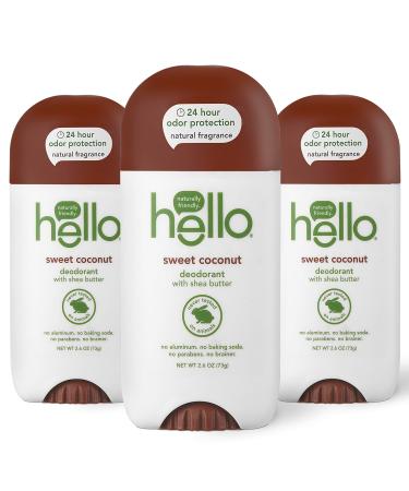 hello Sweet Coconut Deodorant With Shea Butter for Women + Men 24 Hour Odor Protection No Aluminum + No Baking Soda Vegan & Parabens Free 2.6oz 3 count