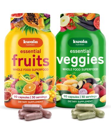 Kwala Nutrition Fruit and Vegetable Supplements for Daily Energy Balance - 90 Fruit & 90 Veggie Capsules - 2 Pack - 100% Whole Fruits and Veggies Supplement - High Absorption - Soy Free Made in USA