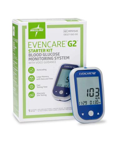 Medline EvenCare G2 Blood Glucose Monitor Starter Kit, Diabetic Care, 6 Sec Results, Meter, Lancing Device & Lancets, Test Strips, Batteries, Guide, Carrying Case, Logbook, Voice Guidance