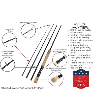 Wild Water Fly Fishing 9 Foot, 4-Piece, 7/8 Weight Fly Rod Complete Fly  Fishing Rod and Reel Combo Starter Package with Freshwater Flies