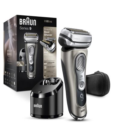 Braun Electric Razor for Men, Waterproof Foil Shaver, Series 9 9385cc, Wet & Dry Shave, With Pop-Up Beard Trimmer for Grooming, Clean & Charge SmartCare Center and Leather Travel Case, Black