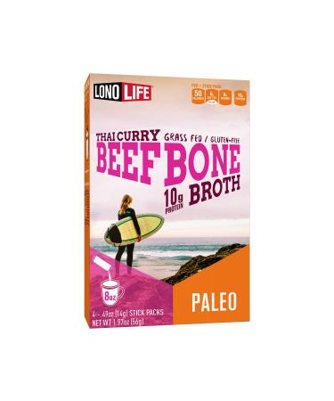 LonoLife - Thai Curry Beef Bone Broth Sticks - 10g Collagen Protein - Grass-Fed, Gluten-Free - Keto & Paleo Friendly - Portable Individual Packets - 4 count