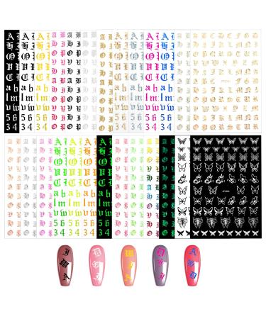 cobee Holographic Letter Nail Art Stickers  24 Sheet Old English Nail Sticker + 2 Sheet Butterfly Decals Alphabet Nail Decals 3D Self Adhesive Letters Numbers Nail Decals Nail Art DIY Charms