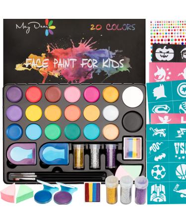 Maydear Face Painting Kit for Kids - 20 Color Water Based Makeup Palette  with Stencils, Glitters, Rainbow Split Cake, Hair Dye Clips, for Parties,  Halloween, Safe Professional Body & Face paint Kit