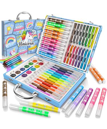 Unicorns Gifts for Girls - Exquisite Art Case Set - Painting Drawing Coloring Art Kit for Kids - Art Supplies with Washable Markers Dual-Tip Pens Watercolor Crayon Coloring Book Sketch Pad Blue