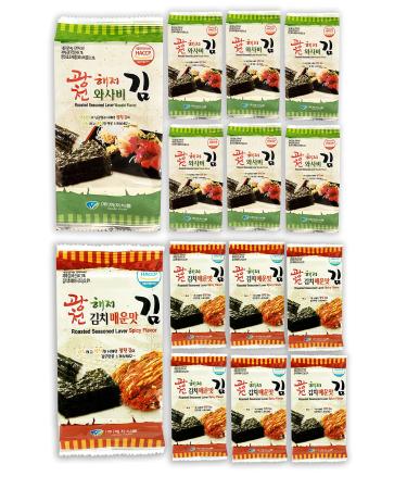 Korean Crispy Seasoned Seaweed Snacks Sheets - 12 Individual Packs 100% Natural Laver 6 Pack of Kimchi & Spicy 6 Pack of Wasabi Flavor 0.17 Ounce Roasted Healthy Premium Nori Kim (Variety 12 Pack) Kimchi and Wasabi Mix 12 Pack