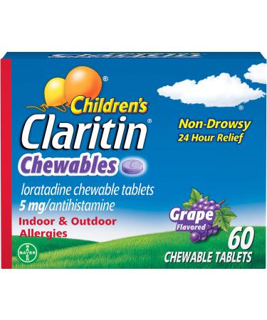 Claritin 24 Hour Allergy Chewables for Kids Non Drowsy Allergy Relief Antihistamine Tablets, Grape, 60 Count