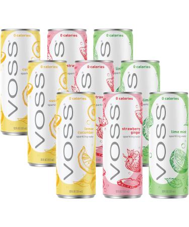 VOSS Lime Mint, Lemon Cucumber, Strawberry Ginger, Flavored Sparkling Water Variety Pack, 12oz Tall Can (Pack of 9, Total of 108 Fl Oz)