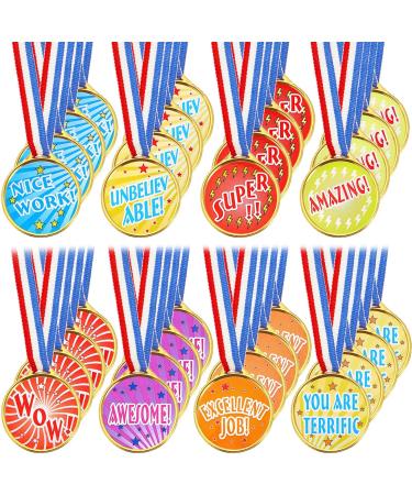 Award Medals Assortment Gold Kids Plastic Award Medals Winners Sports Reward Motivational Medals with Neck Ribbon for Students Sports Meeting Dress up Party Games Award 24