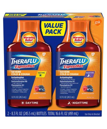 Theraflu ExpressMax Severe Cold and Cough Medicine Daytime and Nighttime Cough and Cold Medicine for Cough Relief Berry Flavor - 8.3 Fl Oz (Pack of 2) Day  Night Bundle
