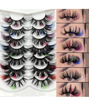 Mikiwi Colored Mink Lashes 2 Stripes Colors Colorful Eyelashes 7 Pairs Mix 25mm Real Mink Lashes With Color on end Fluffy Curly Colored Mink Eyelashes Colorful Lashes With Red/Pink/Blue/Green/Purple on the end (Pack ...