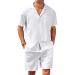 COOFANDY Men's Linen Shirts Short Sleeve Button Up Shirts Beach Hawaiian 2 Piece Short Set Large White